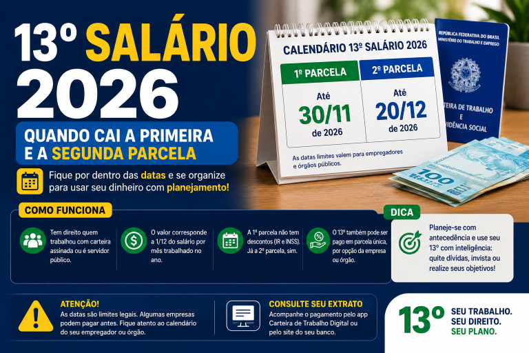 13º salário 2026: datas da 1ª e 2ª parcela para CLT e INSS