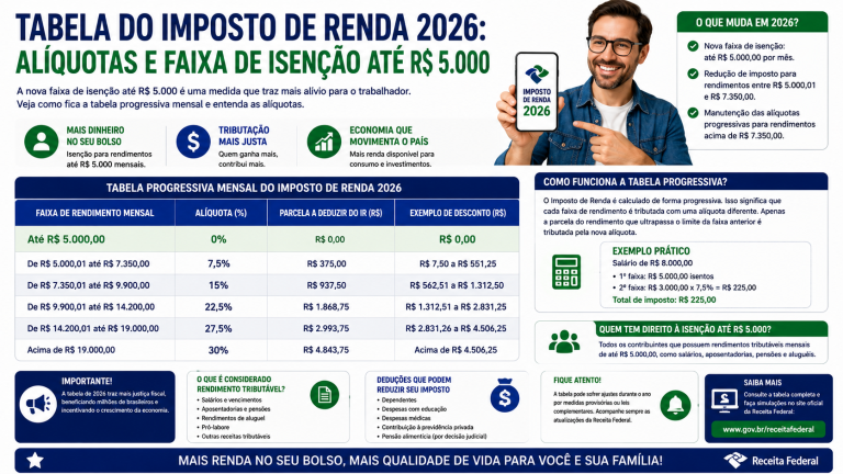 Tabela do Imposto de Renda 2026: faixas, alíquotas e isenção até R$ 5.000