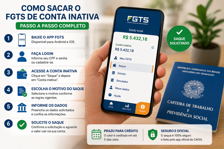 Como sacar o FGTS de conta inativa em 2026: passo a passo completo